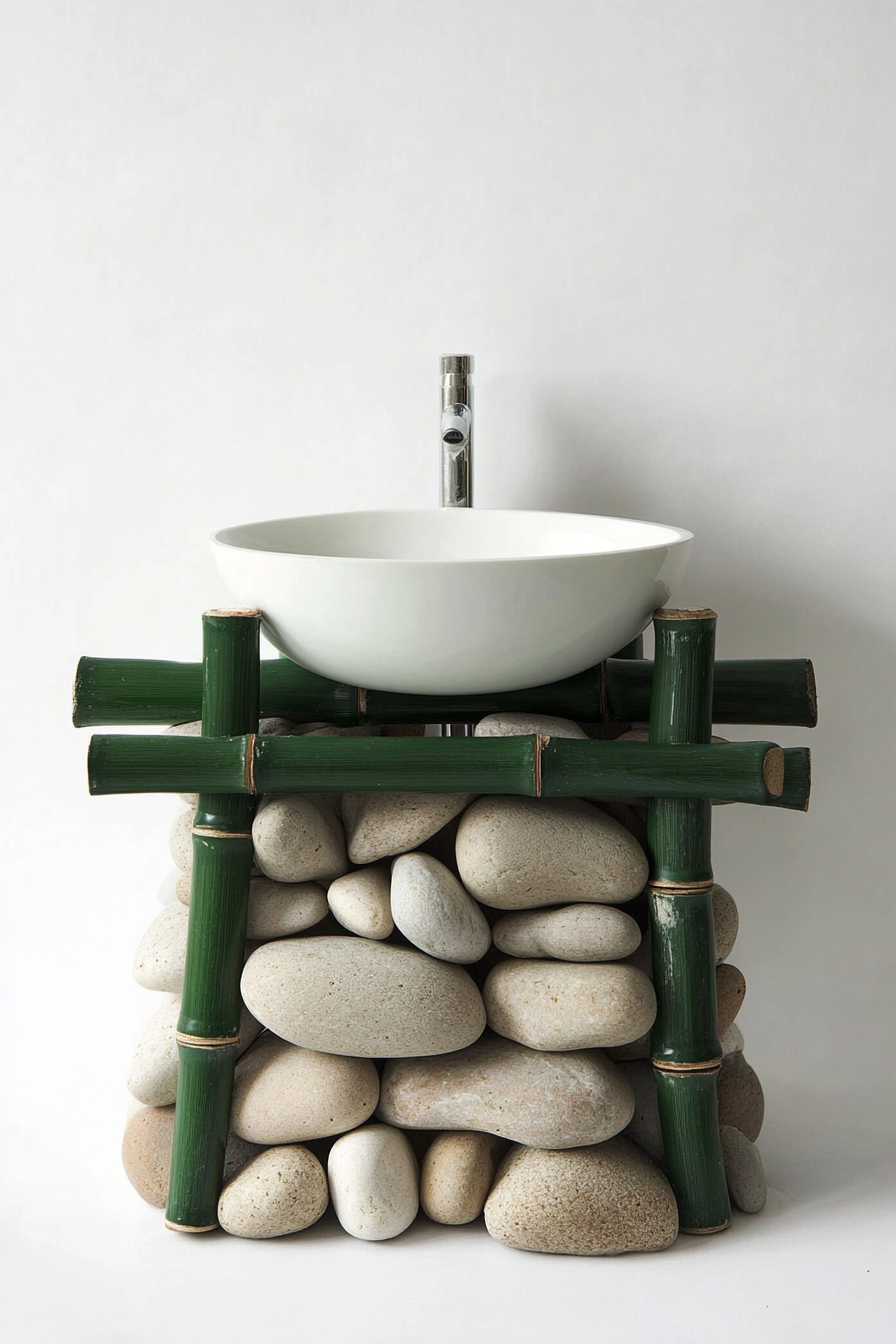 Tiny Eco-bathroom concept. Forest green bamboo sink stand, white basin, piled river rock backdrop.