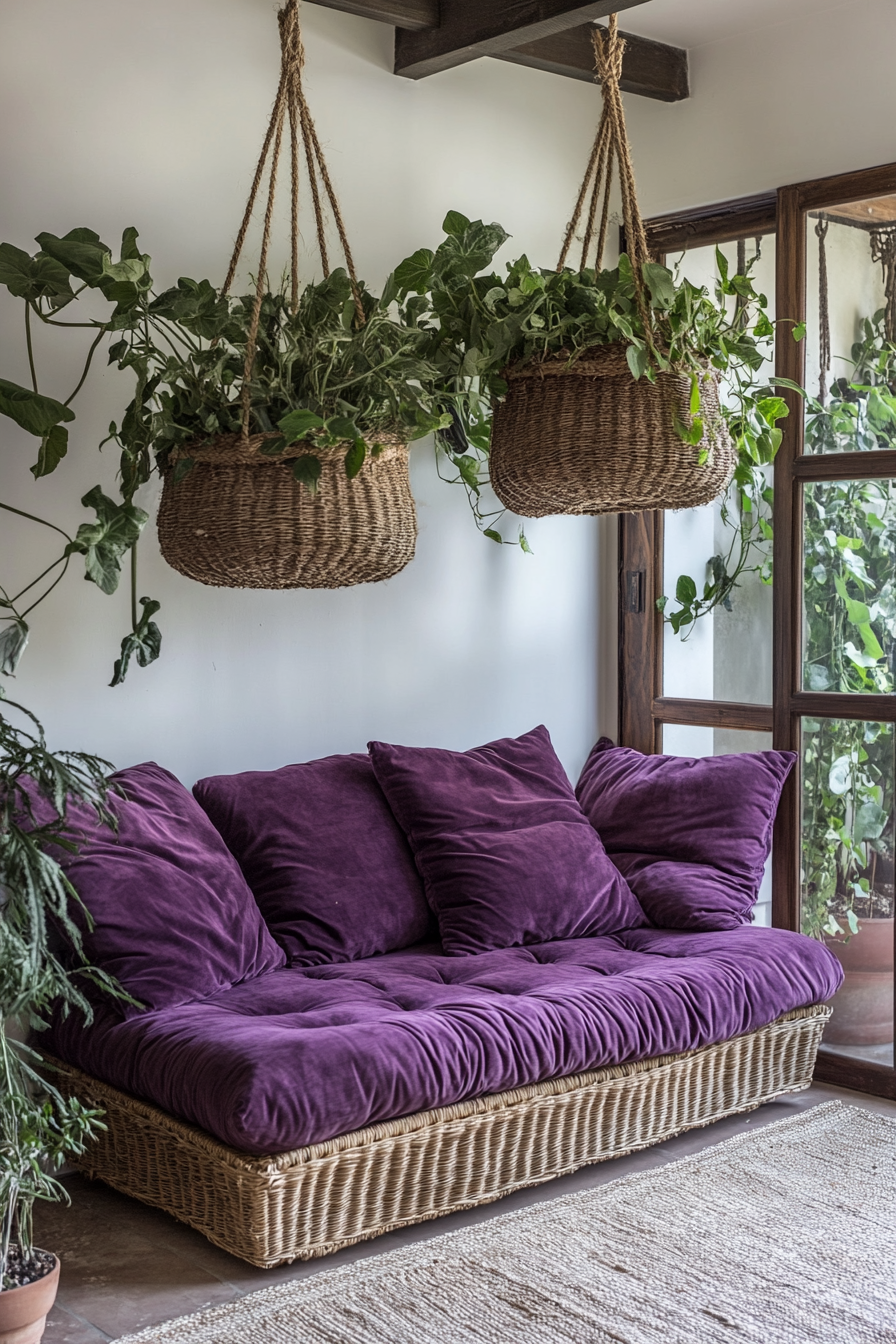 Upper level design. Velvet plum loft futon surrounded by hanging rattan planters.