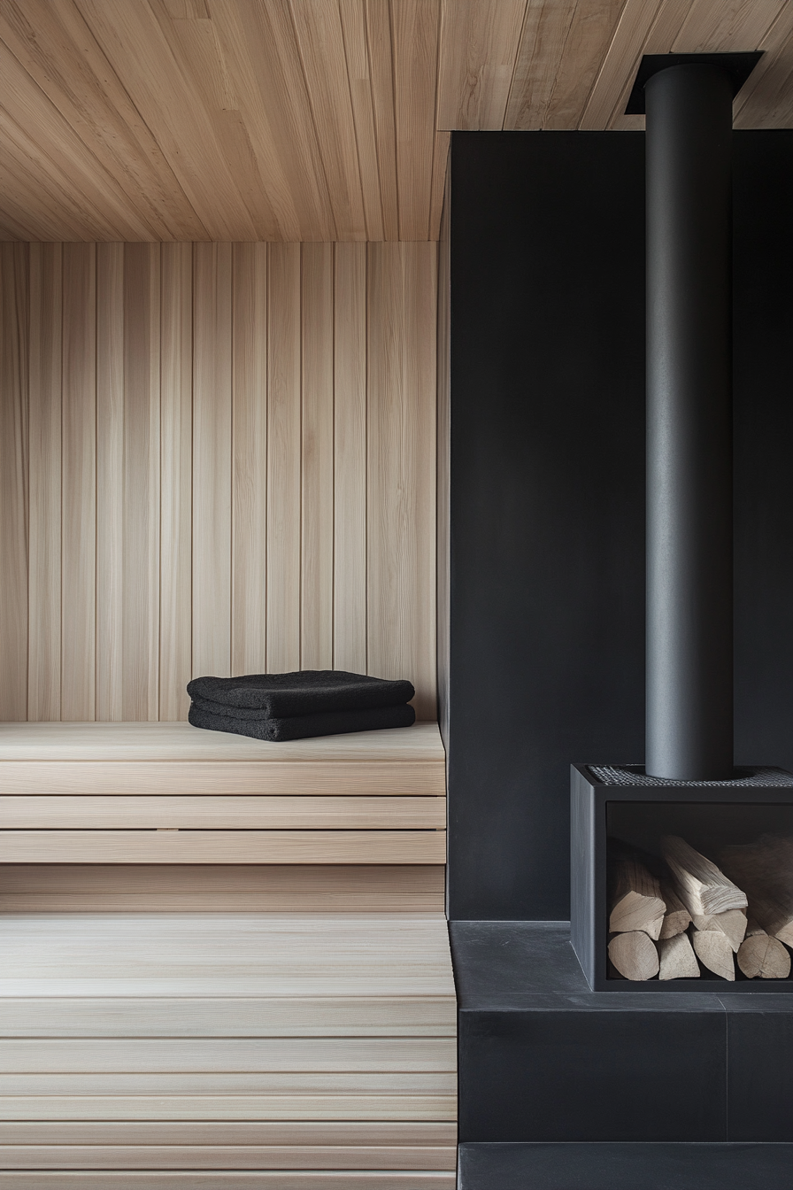 Sauna room design. Hanko electric wood-burning stove, cedar bench tiers.