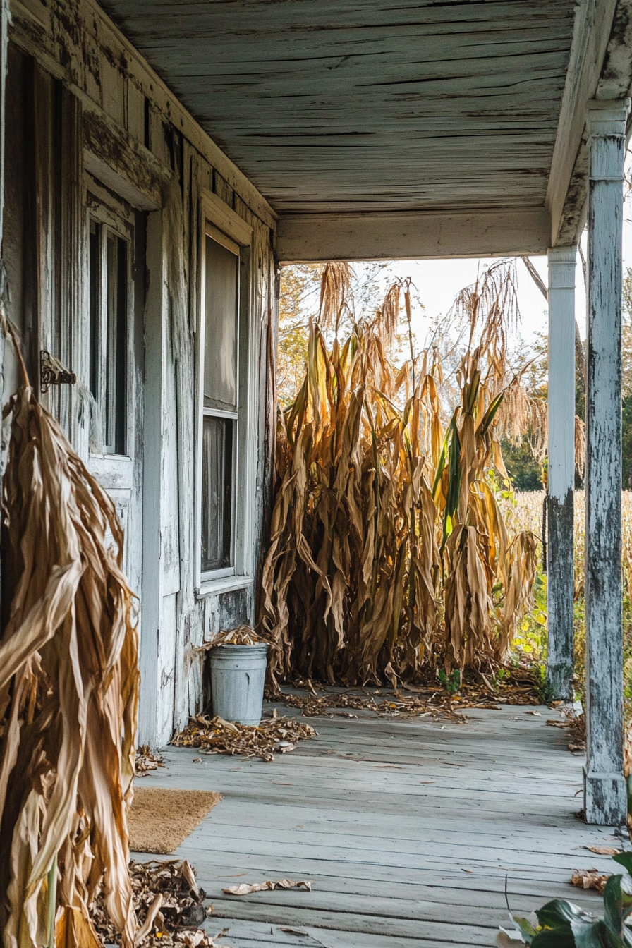 Fall Porch. Corn stalks around distressed wooden columns.