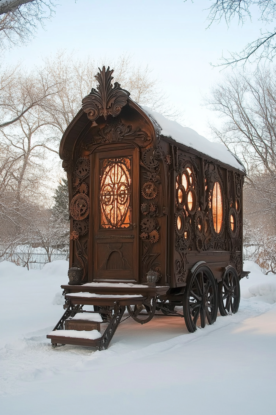 Micro home. Bronze Victorian tiny house with large cogwheel details.