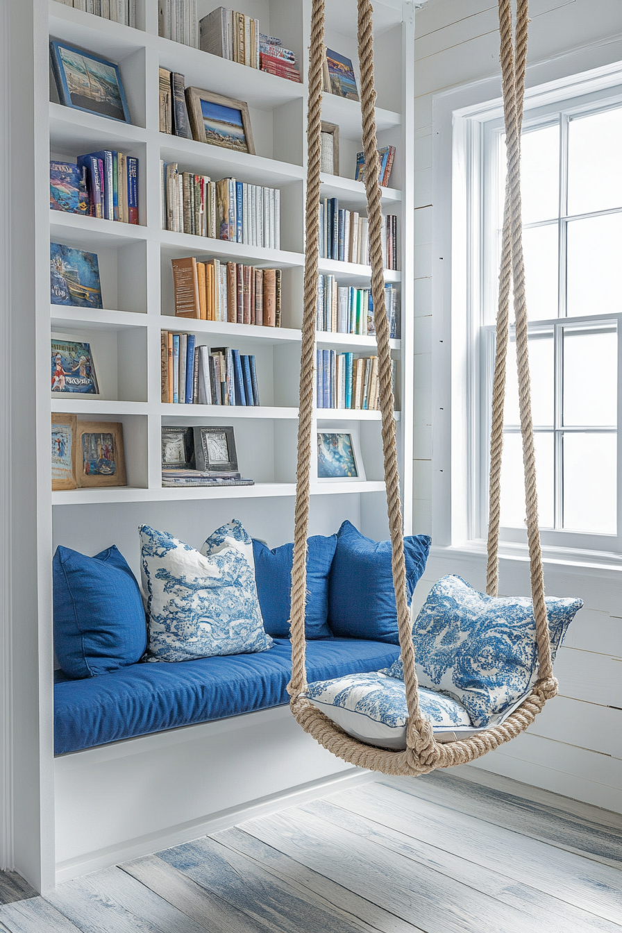 Reading sanctuary. White floor-to-ceiling shelves, rope swing chair, blue cushion accents.