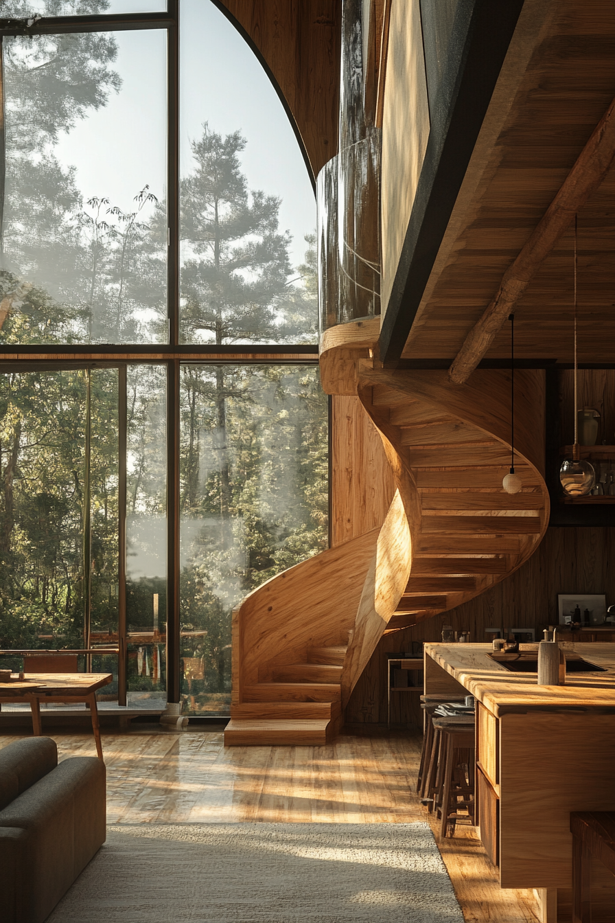 Micro living concept. Wooden spiral staircase leading to panoramic glass-wall loft.