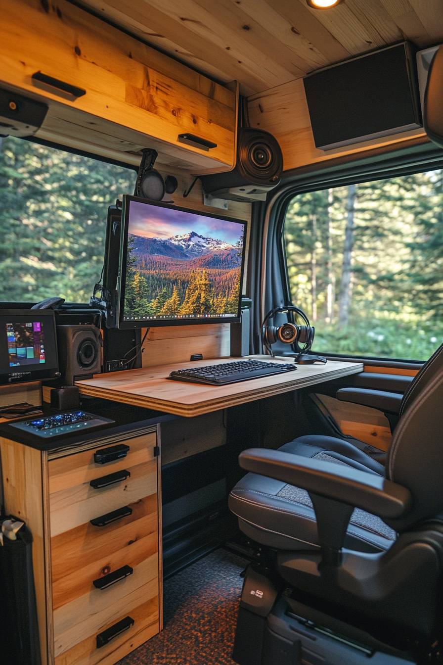 Remote work camper interior. Minimalistic ledge desk with swivel mount monitor and plywood cabinets.