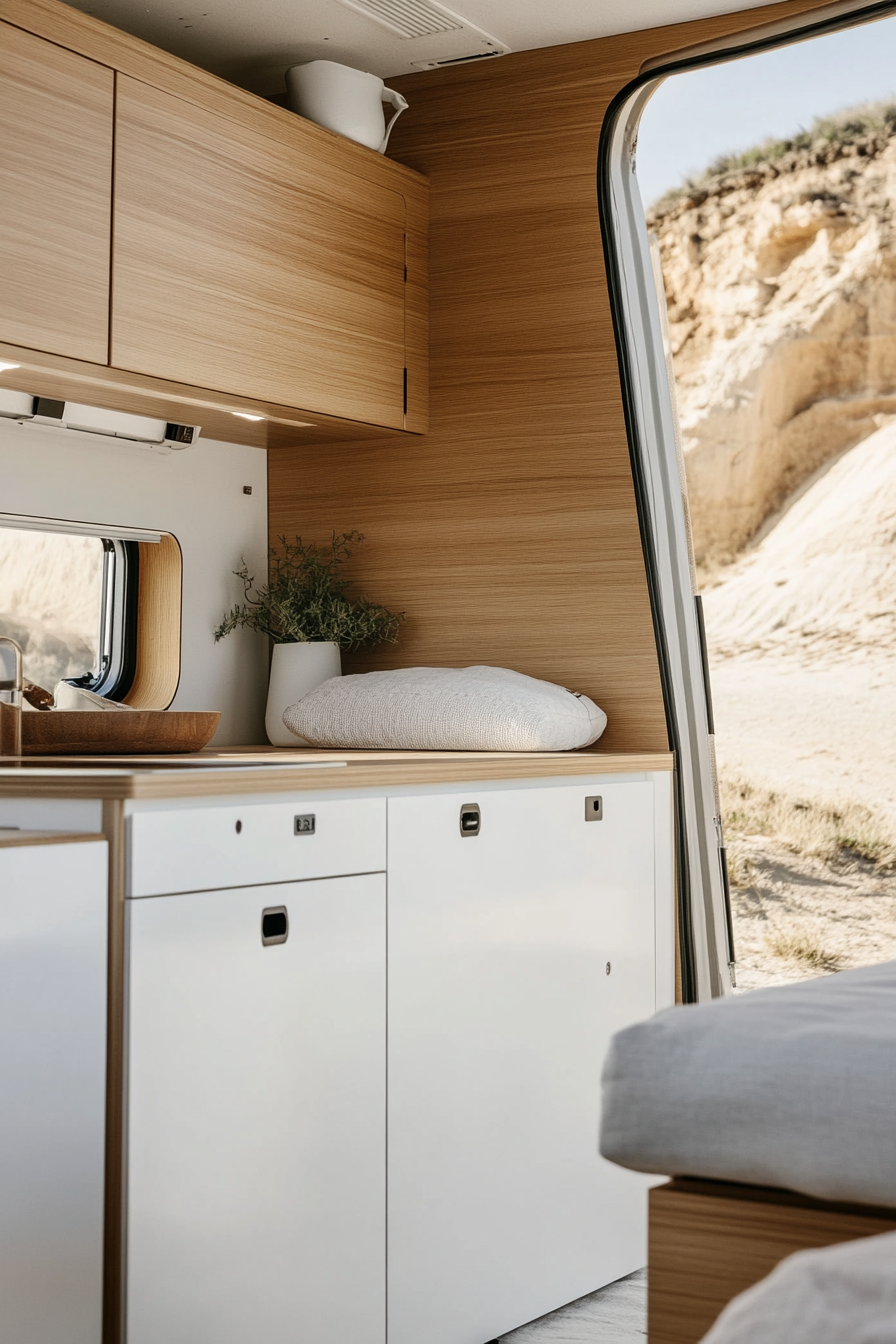 Remote work camper interior. Glossy white surfaces with plywood cabinets.