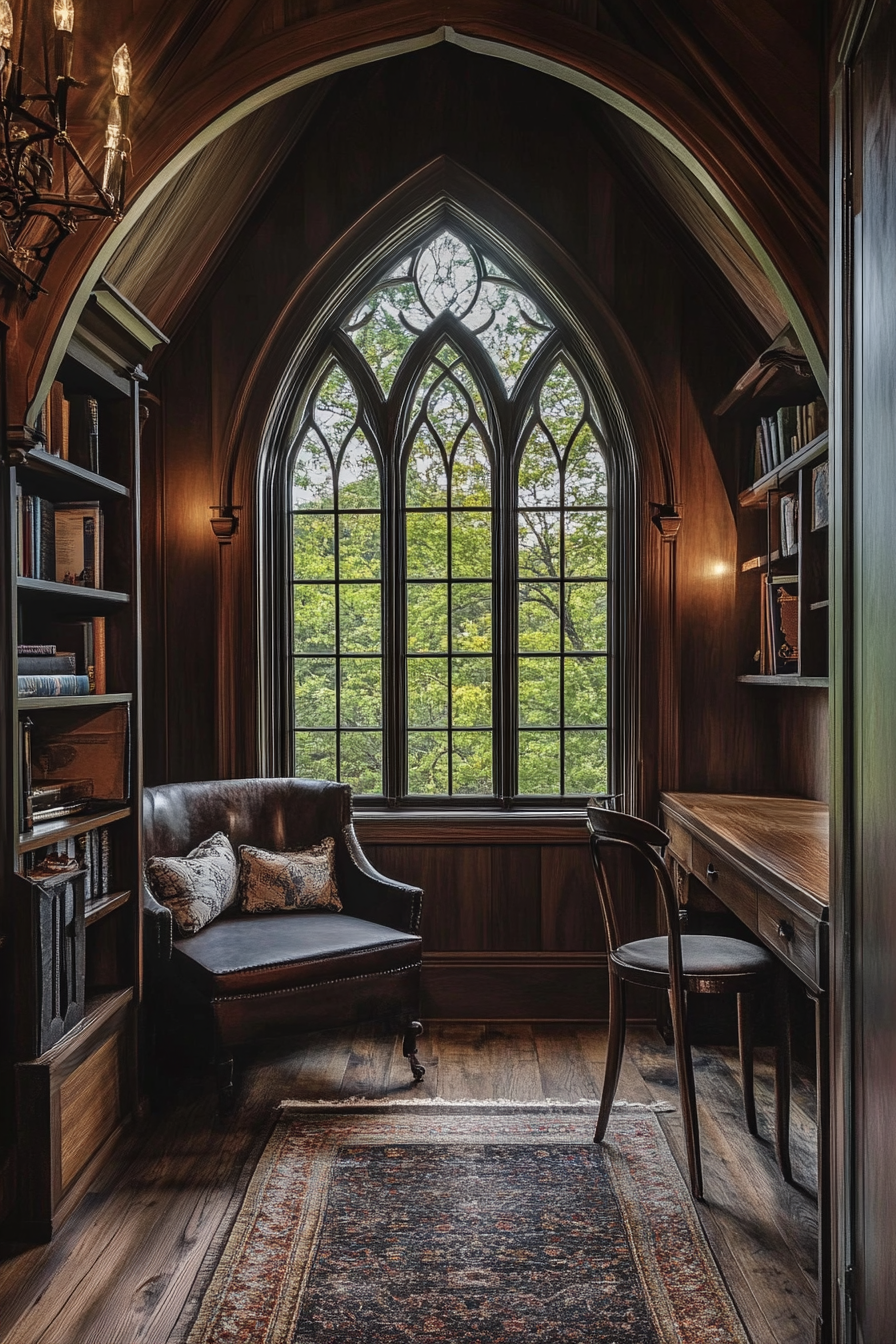 Micro living idea. Pointed arch window with dark wood paneling and compact furniture