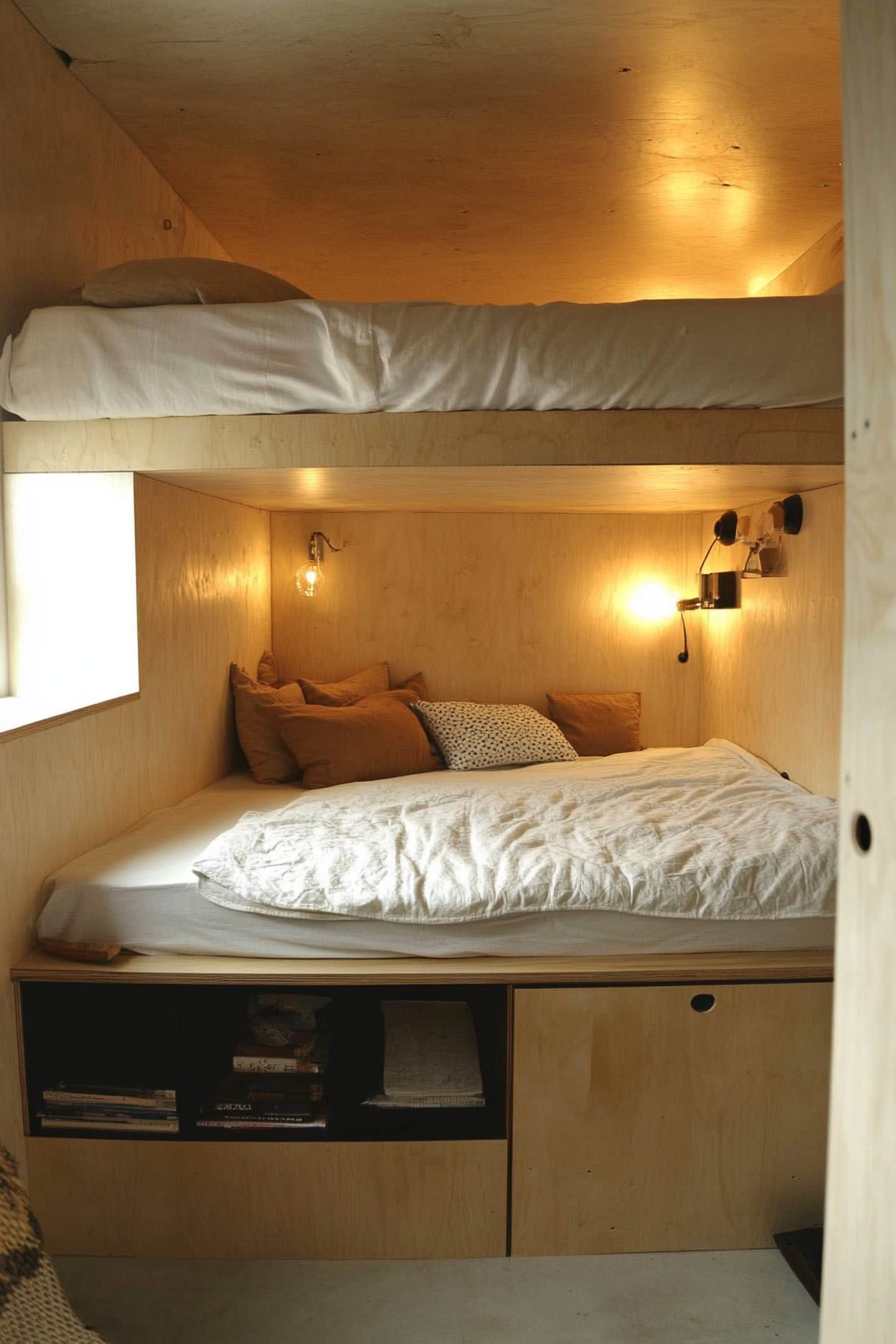 Minimalist tiny house bedroom. Wall-mounted nightstands with hidden storage under a raised bed.