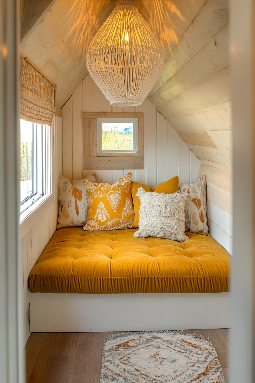 Bohemian tiny home upper level. Velvet daybed under a white rattan pendant lamp.