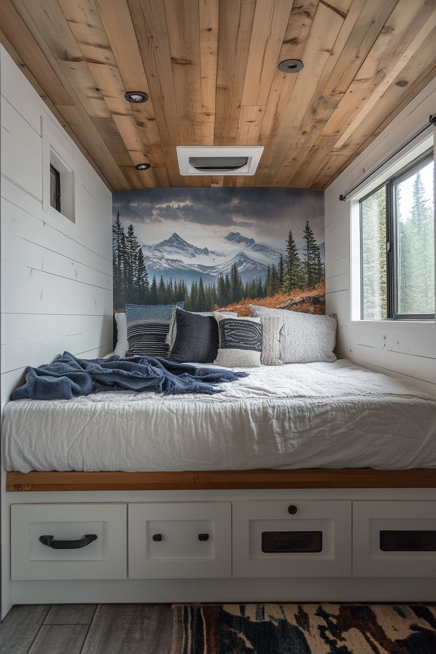 Tiny House Bedroom. White minimalist hidden wall murals with in-built platform storage bed.