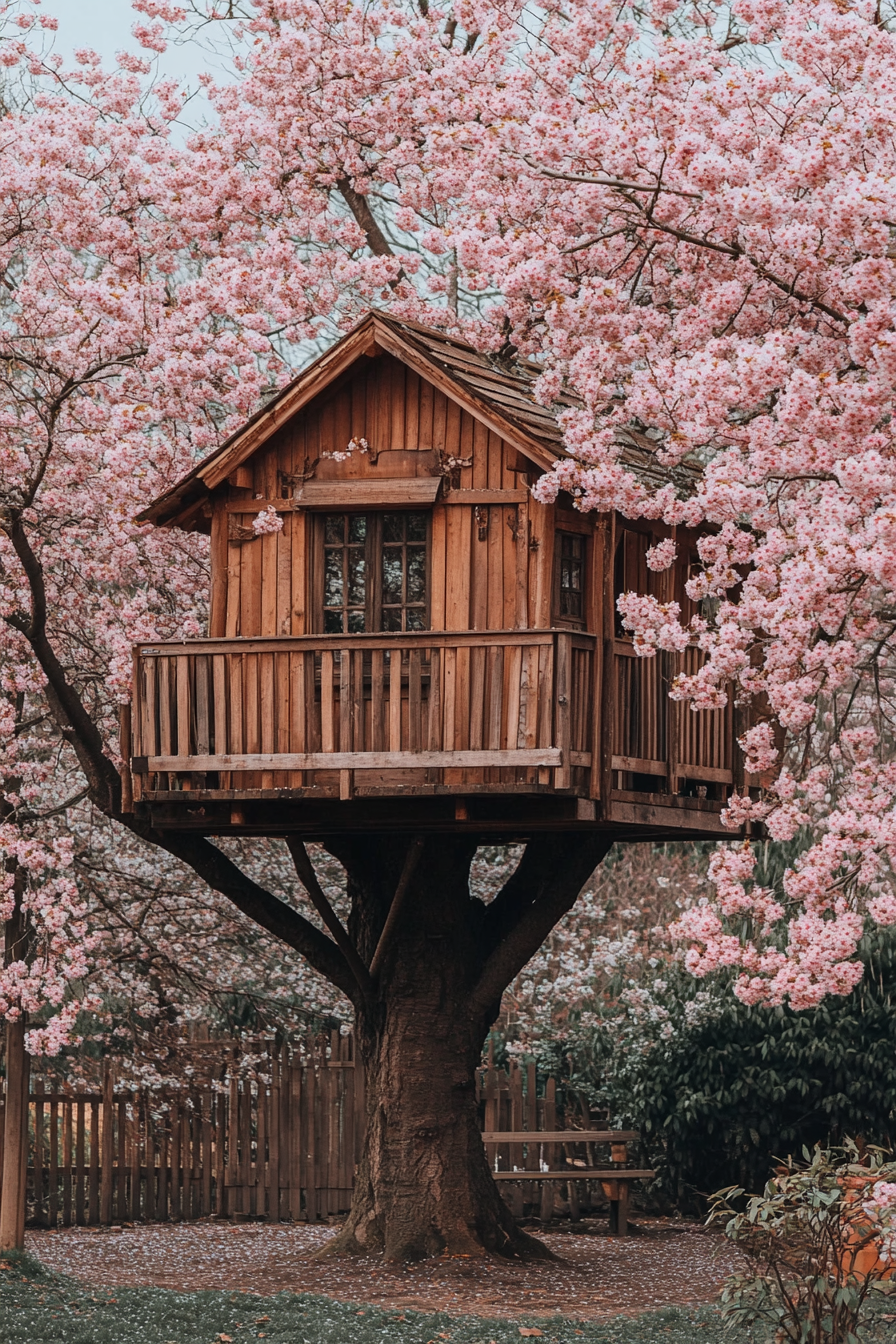 Cottagecore outdoor space. A quaint wooden treehouse amid cherry blossoms.