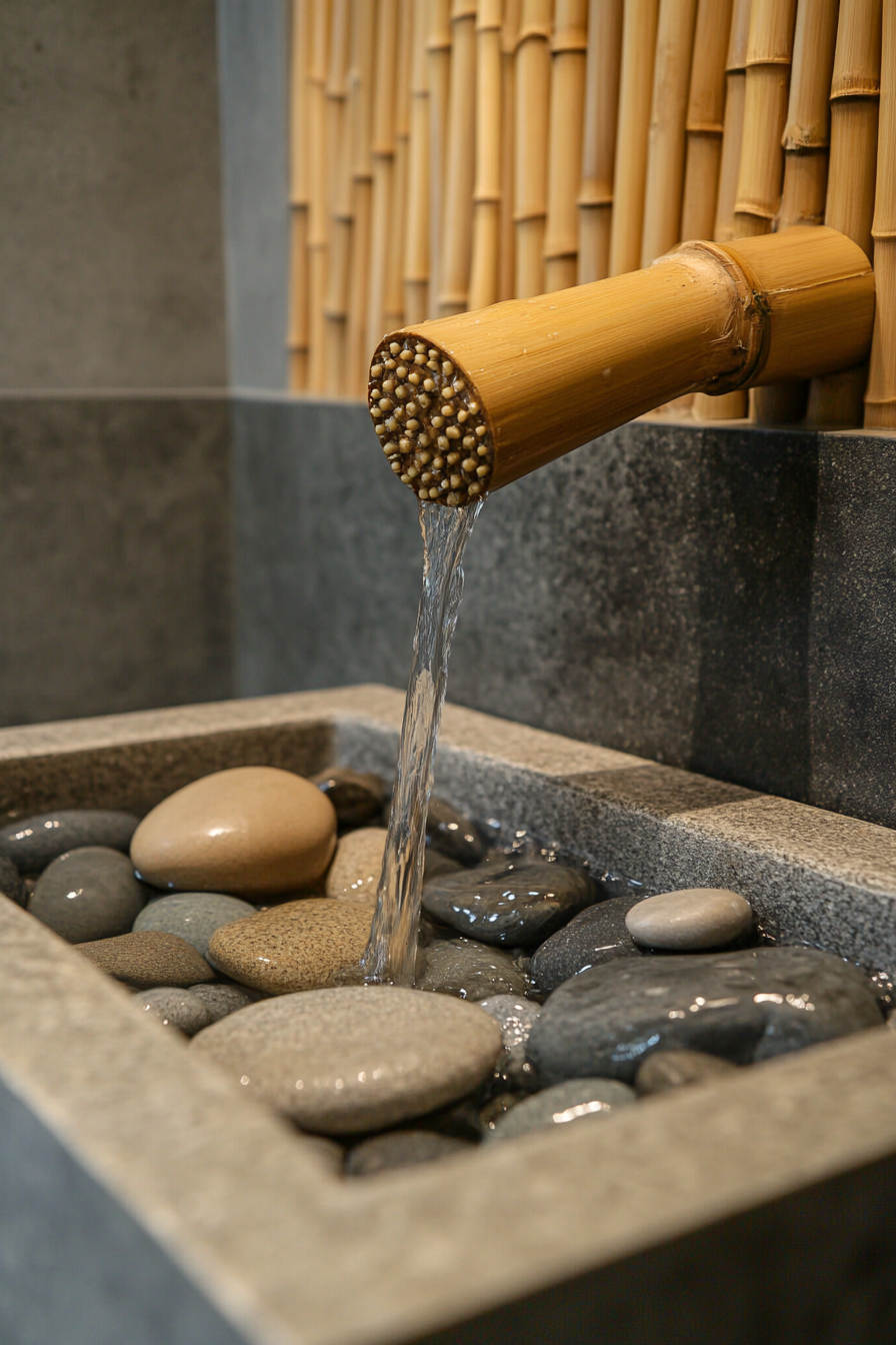 Tiny eco-bathroom concept. Bamboo showerhead over river rock basin.