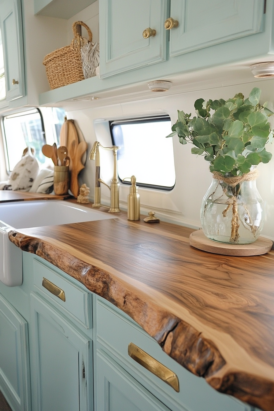 Coastal RV Kitchen. Pastel blue cabinets with wood countertop.