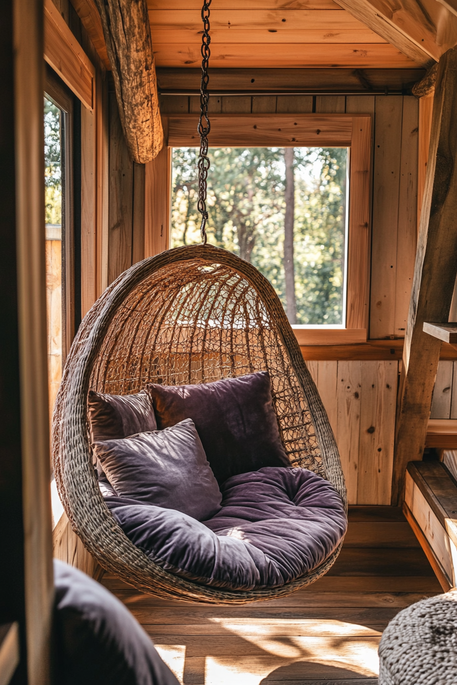 Tiny home upper level design. Velvet cushions scattered on a rattan hanging chair.