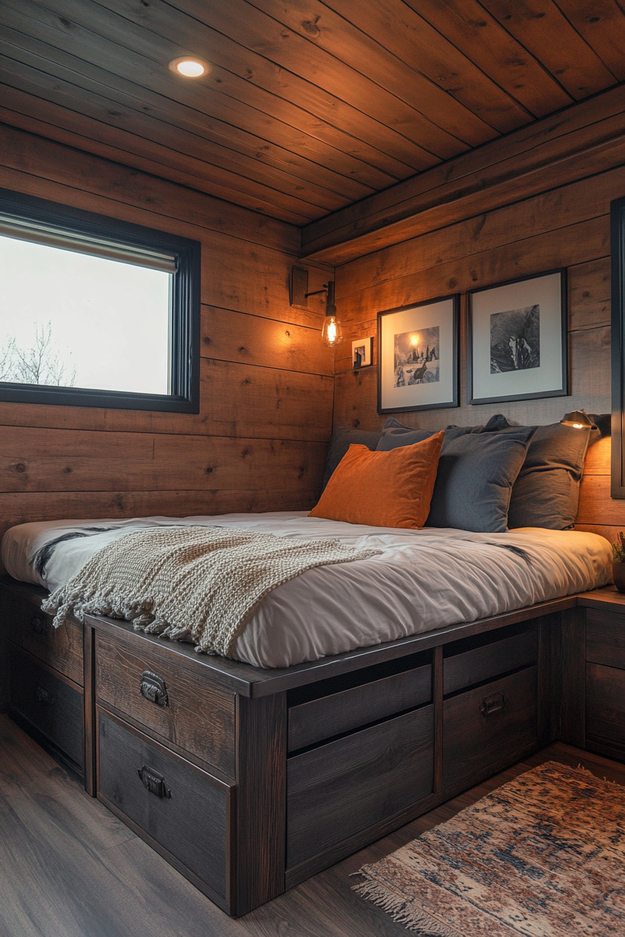 Minimalist tiny house bedroom. Under-bed storage and dark oak wall-mounted nightstands.