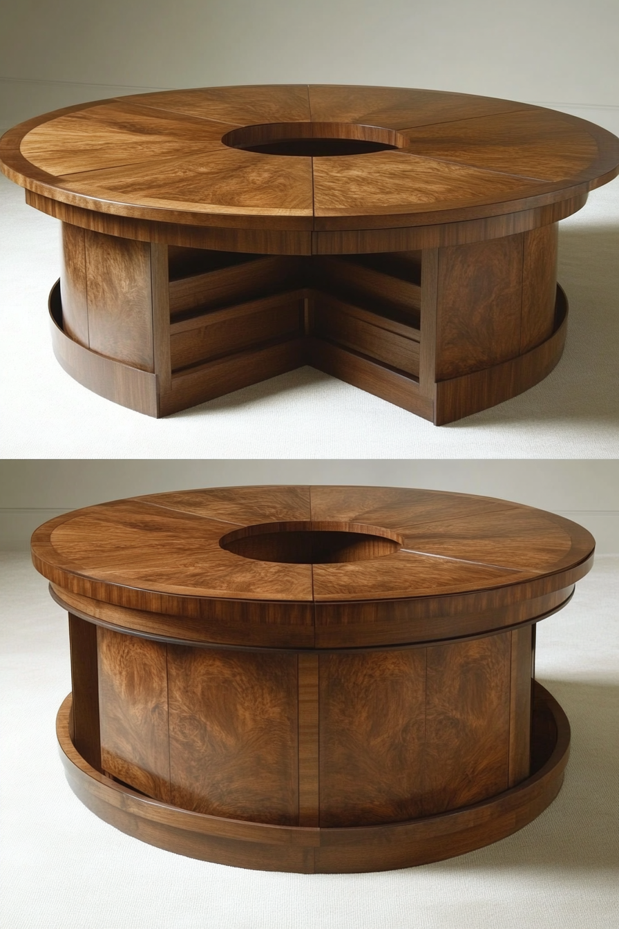 Hidden compartment dining table. Round shape with folding leaf storage.