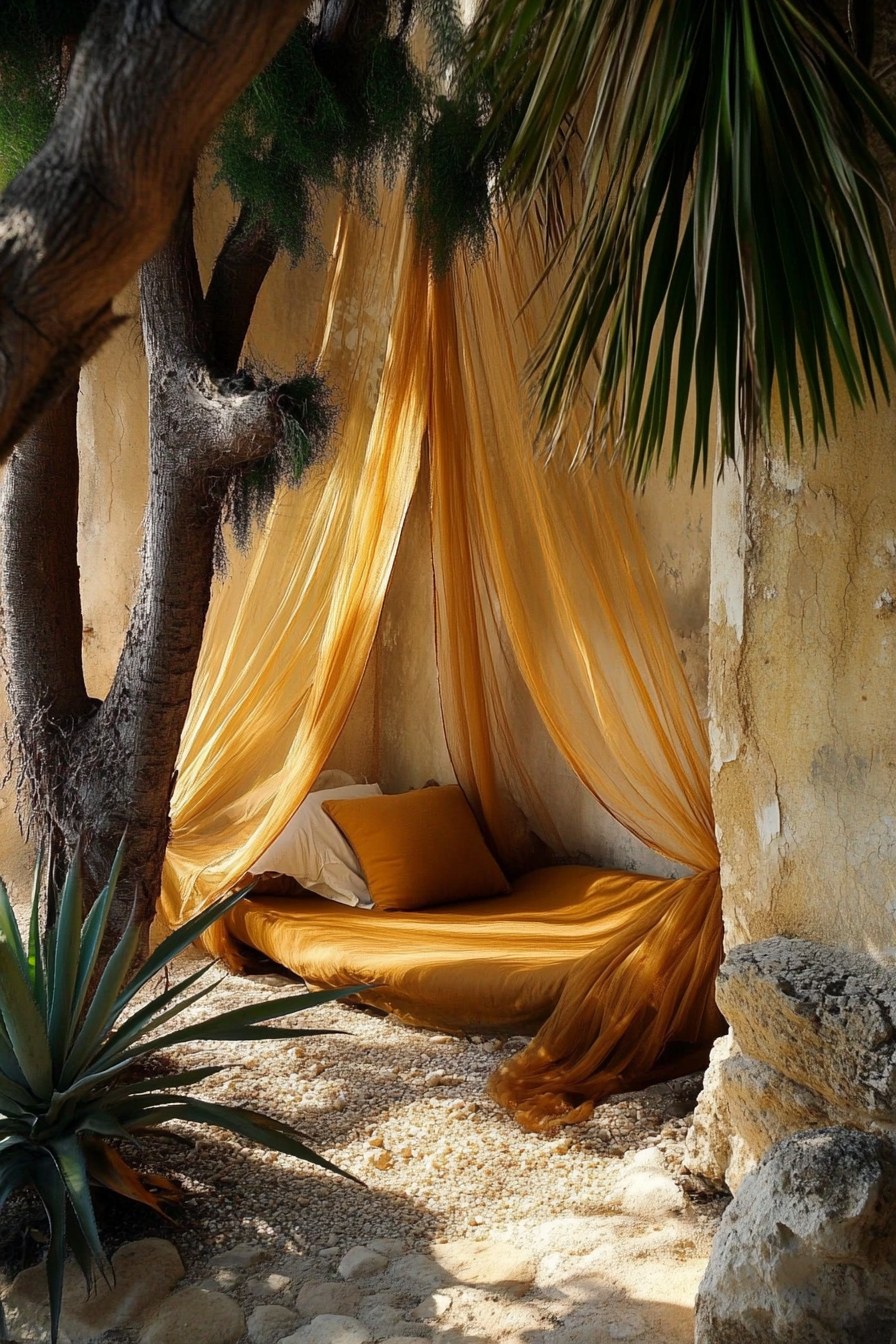 Sleeping nook. Yucca tree and ocher mosquito net drape.