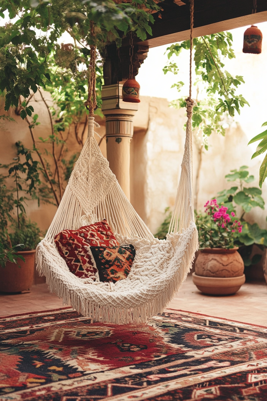 Bohemian patio. Macramé hanging chair canopies and layered kilim rugs.