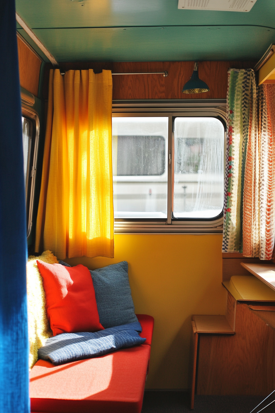 Fall RV decor. Colour block curtains in primary Bauhaus colours.