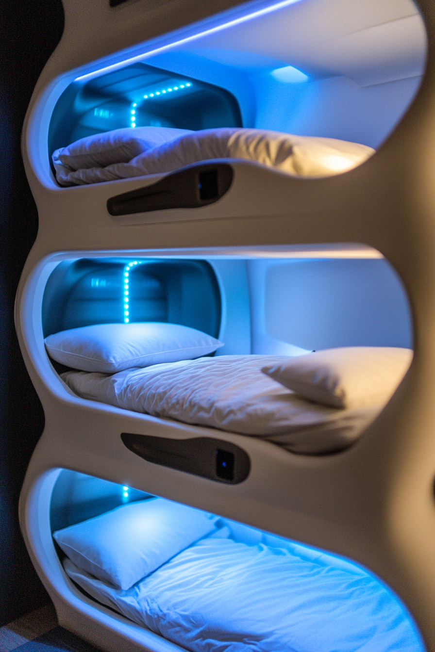 Stacked sleeping pod concept. Eco-friendly materials with blue LED lighting.