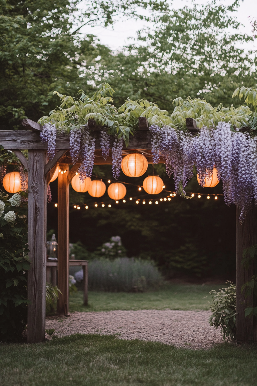 Cottagecore outdoor space. Wisteria-draped wooden archway with a string of paper lanterns.