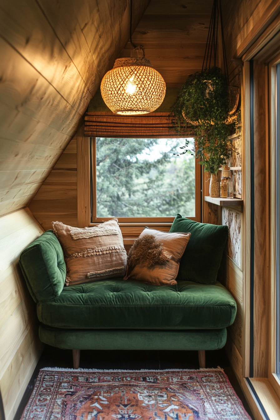 Velvet and Rattan bohemian tiny home design. Velvet lounge chair and rattan pendant light.