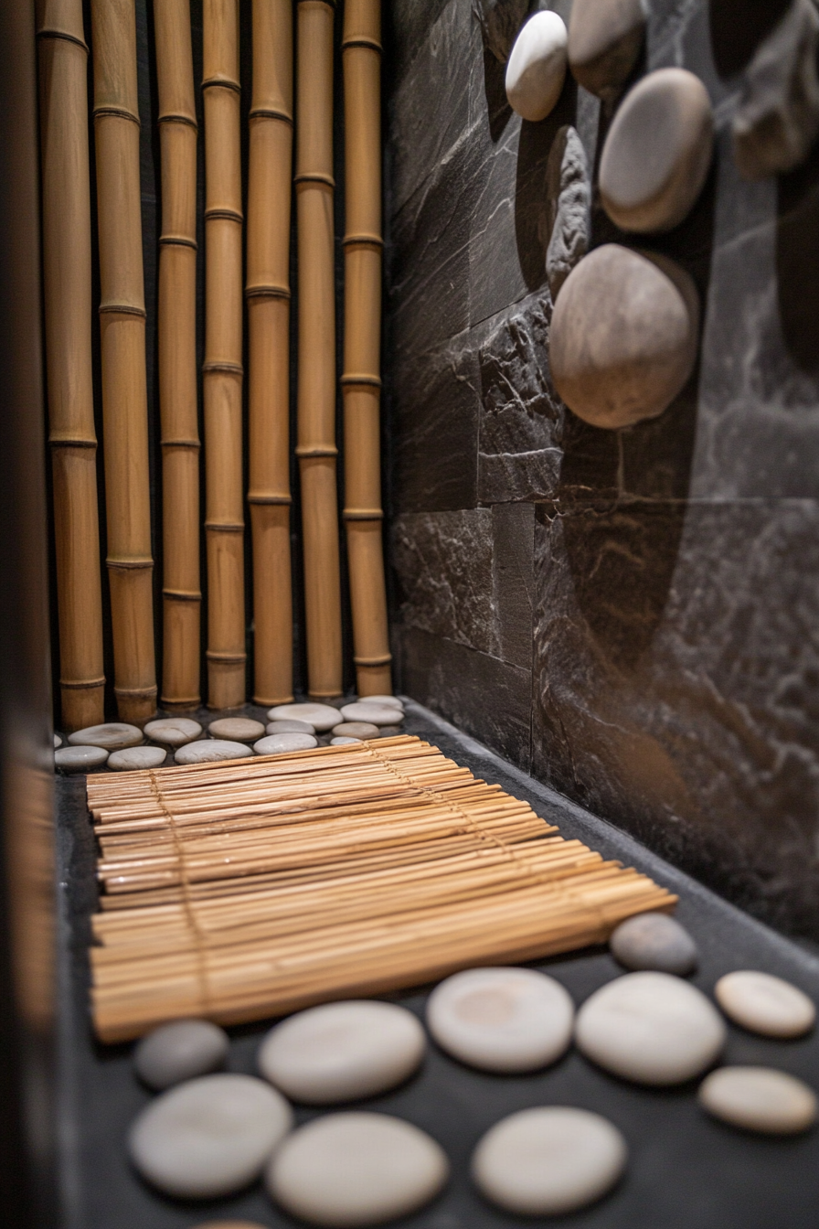 Tiny Eco-Bathroom concept. Bamboo shower mat, river rock walls.