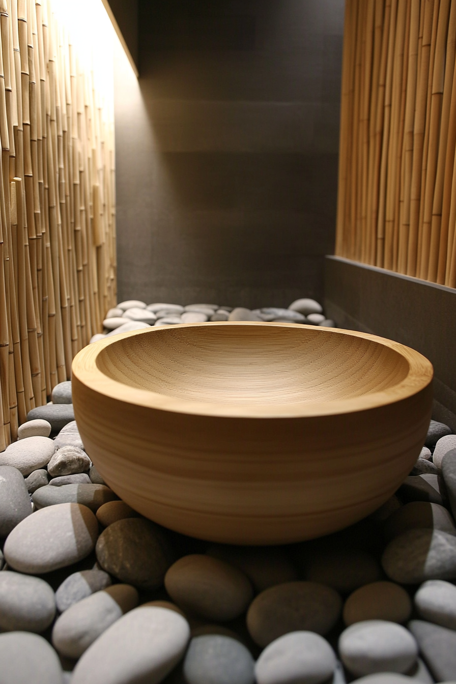 Eco-bathroom concept. Bamboo basin with river rock flooring.