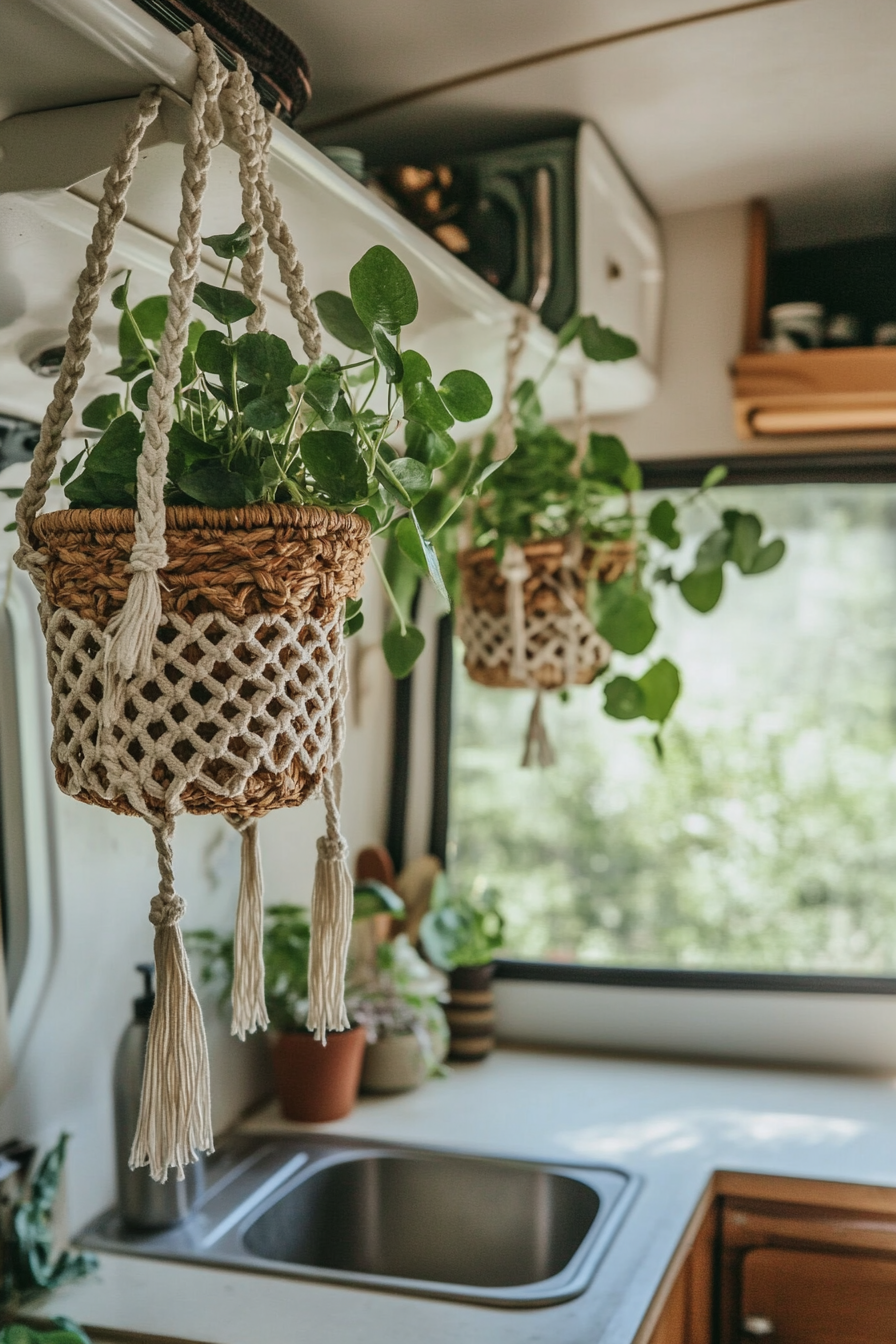 Bohemian camper kitchen. Macramé plant hanger with dusted brown rattan basket.