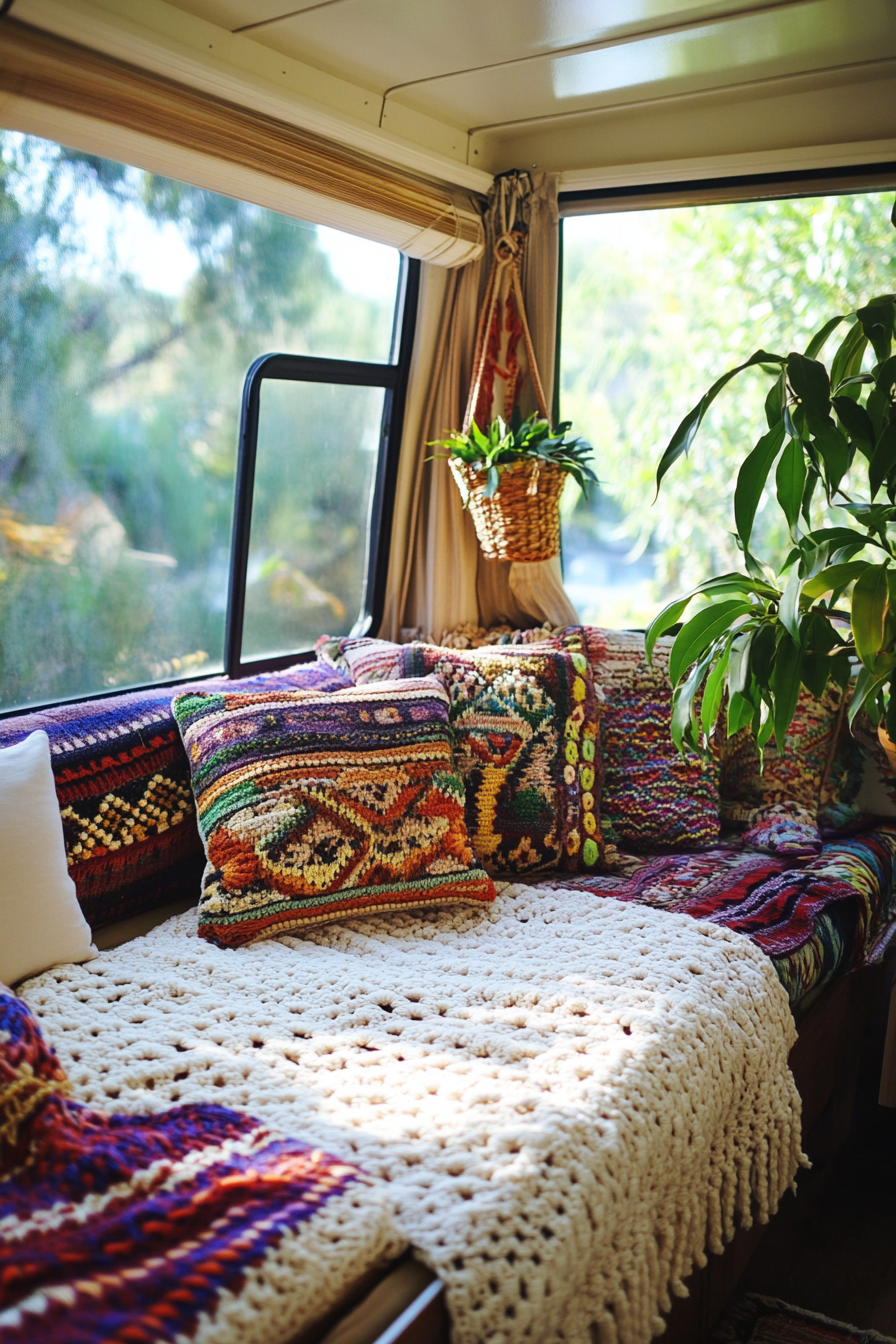 Boho RV Sunroom. Balinese daybed with ivory crochet cushions.