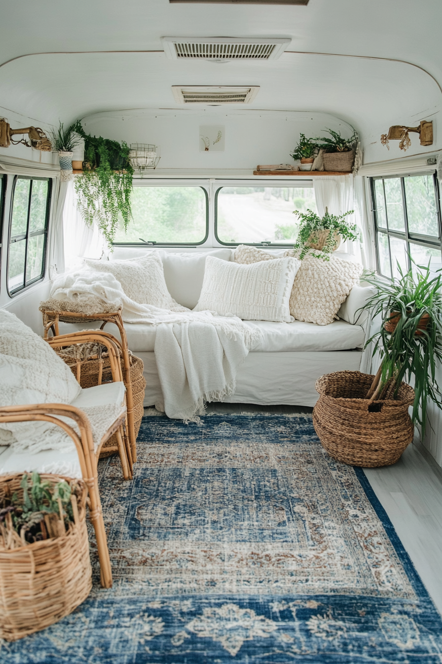 Boho RV sunroom. Whitewashed bamboo furniture with a vintage indigo dyed rug.