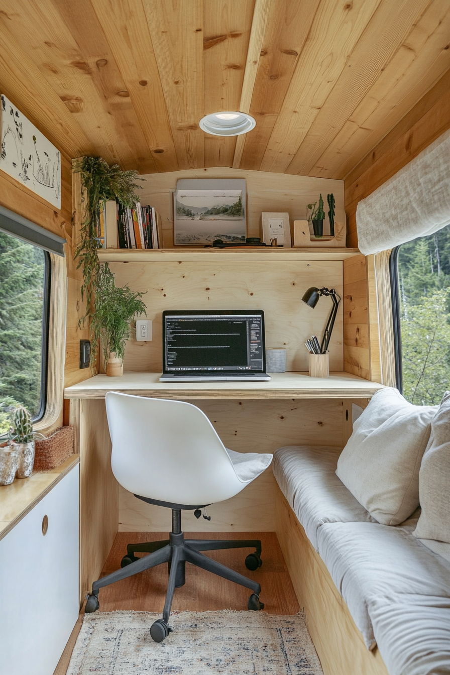 Remote work camper interior. Floating plywood desk with upholstered white swivel chair.