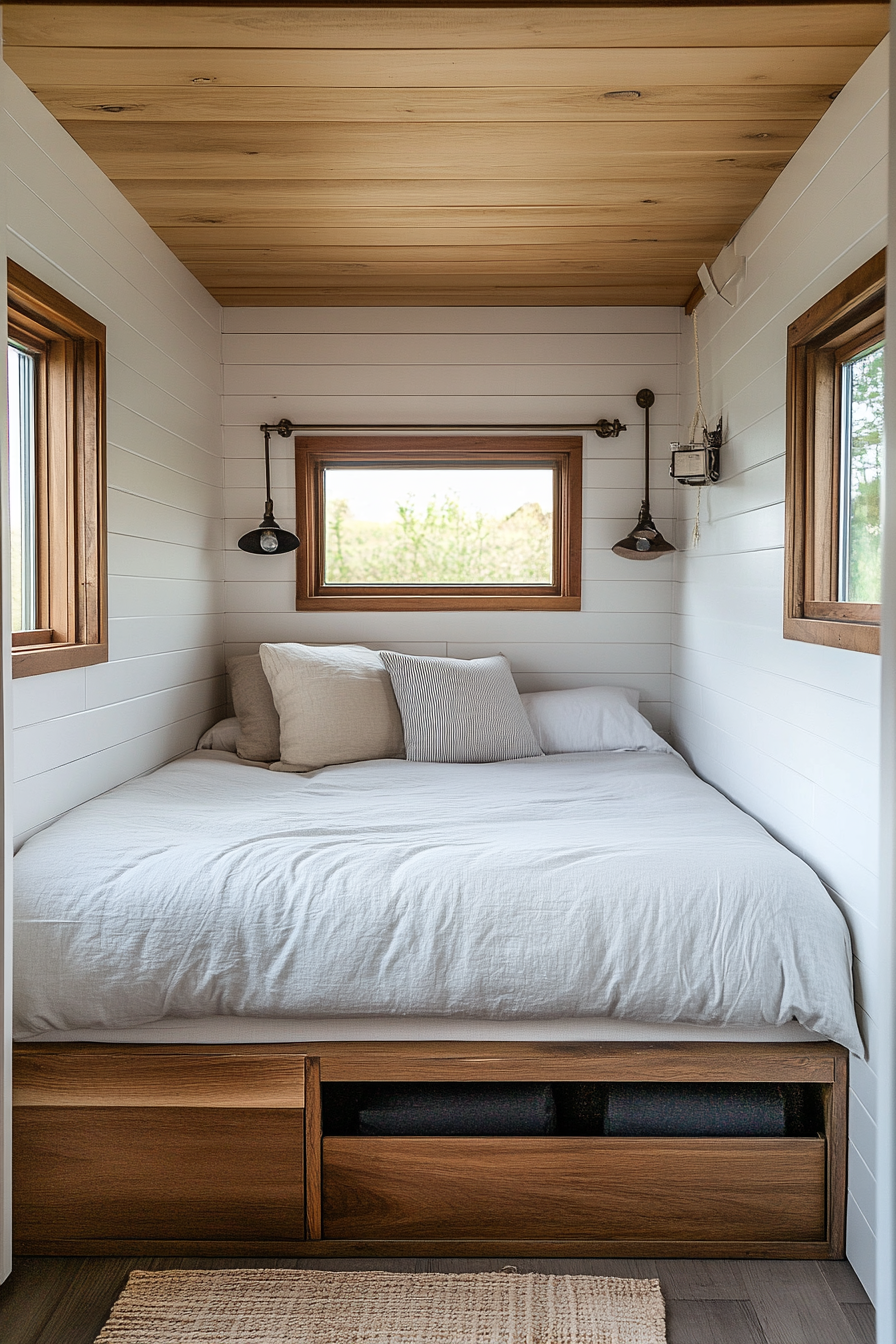 Minimalist tiny house bedroom. Muted color scheme with space-efficient hidden storage bed and wall-mounted nightstands.