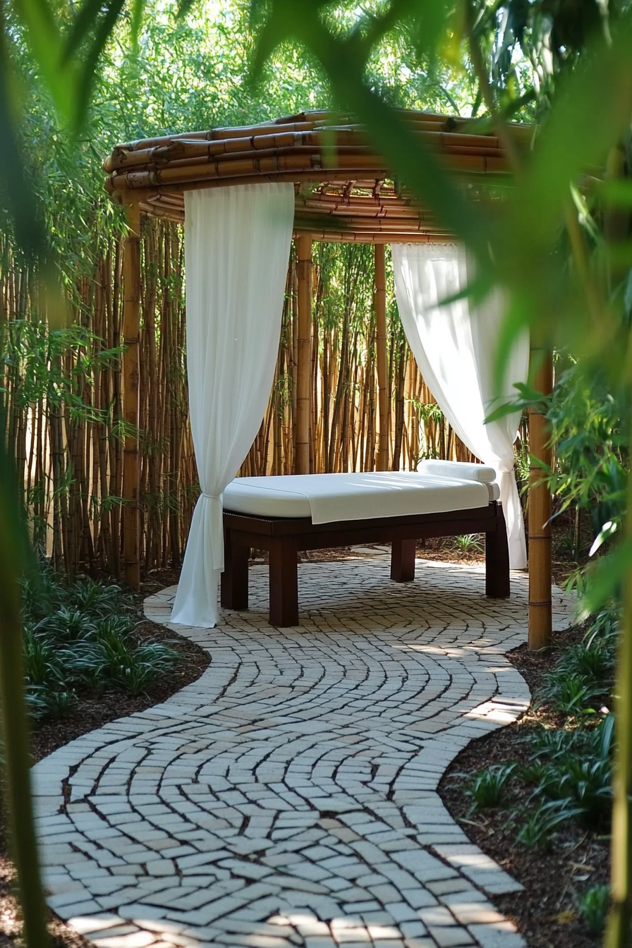 Outdoor massage table. Bamboo structure enveloped with white drapes. Meditation labyrinth. Cobblestone construction surrounded by bamboo.