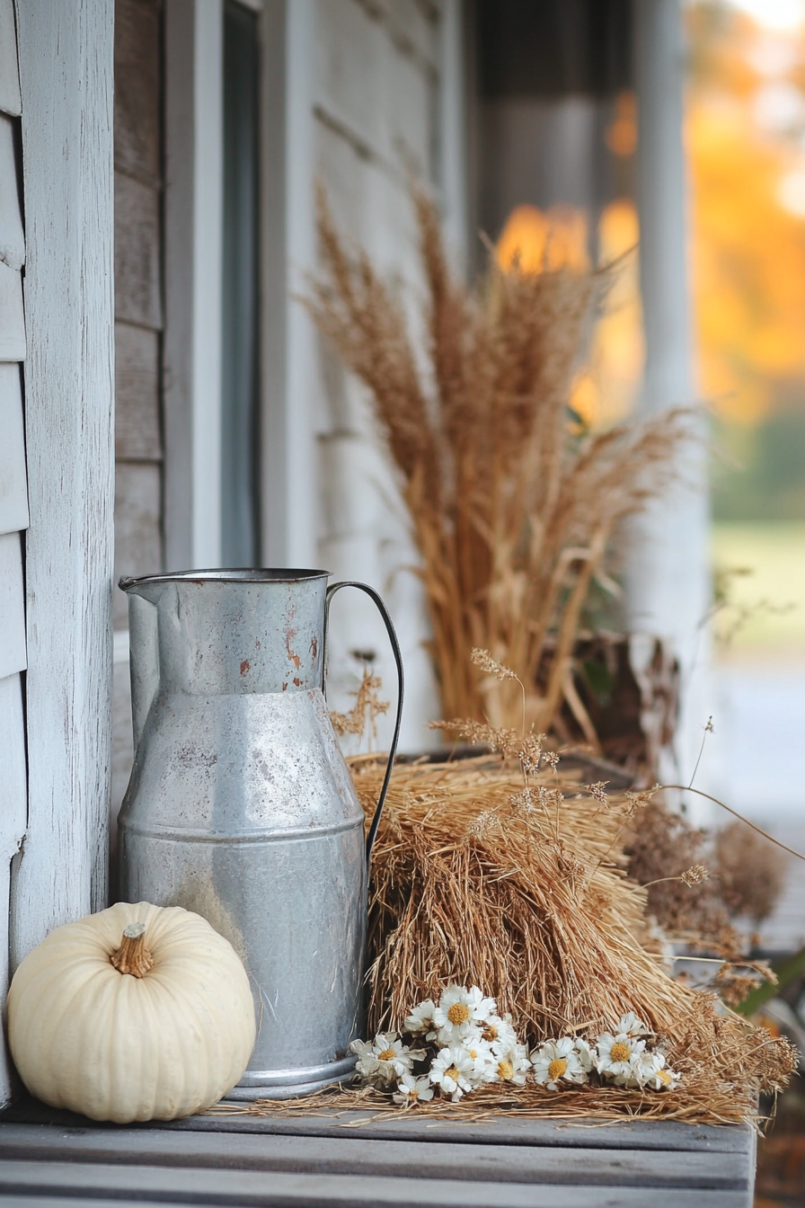 Fall porch. Metal milk jug with beige straw bales and maize stalks.