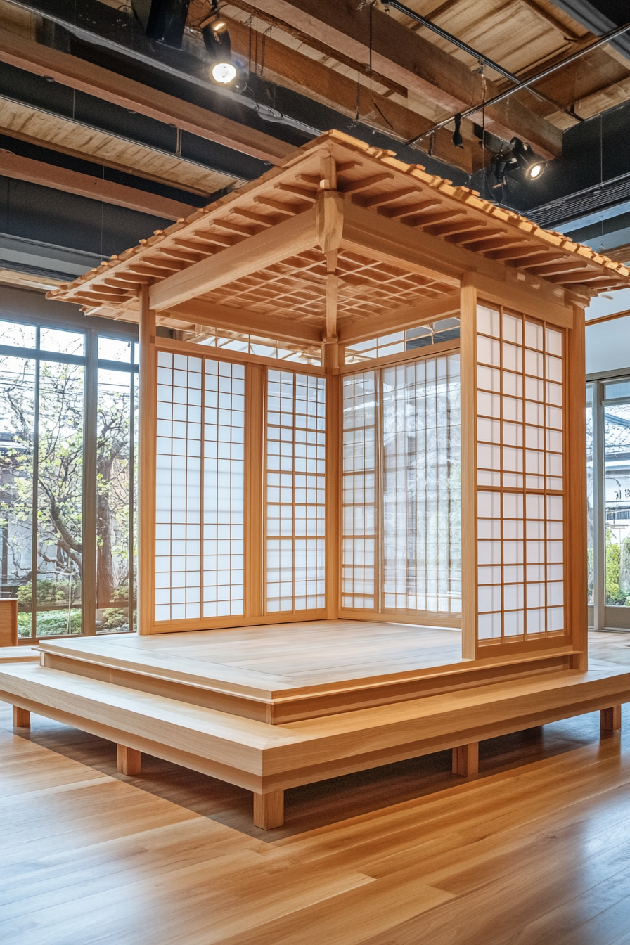 Elevated platform concept. Square wooden platform with vertical sliding Shoji screens.