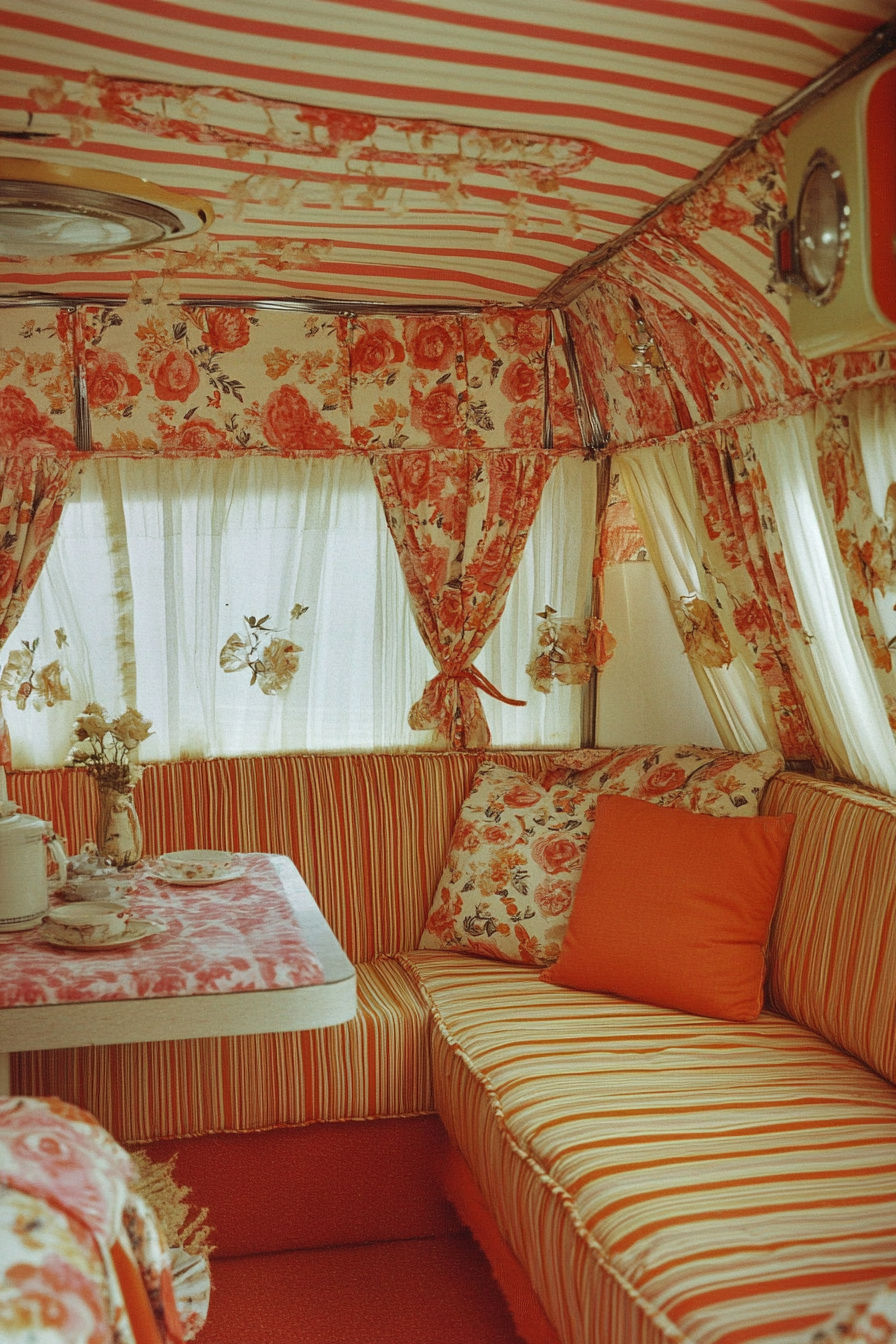 Camper design. Chintz upholstery with striped awnings.