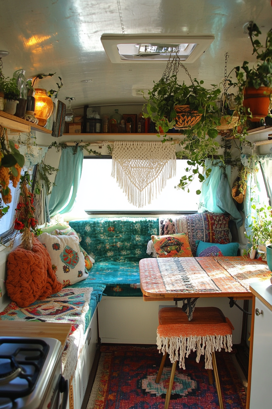 Bohemian camper kitchen. turquoise macramé herb hanger above rattan dining table.