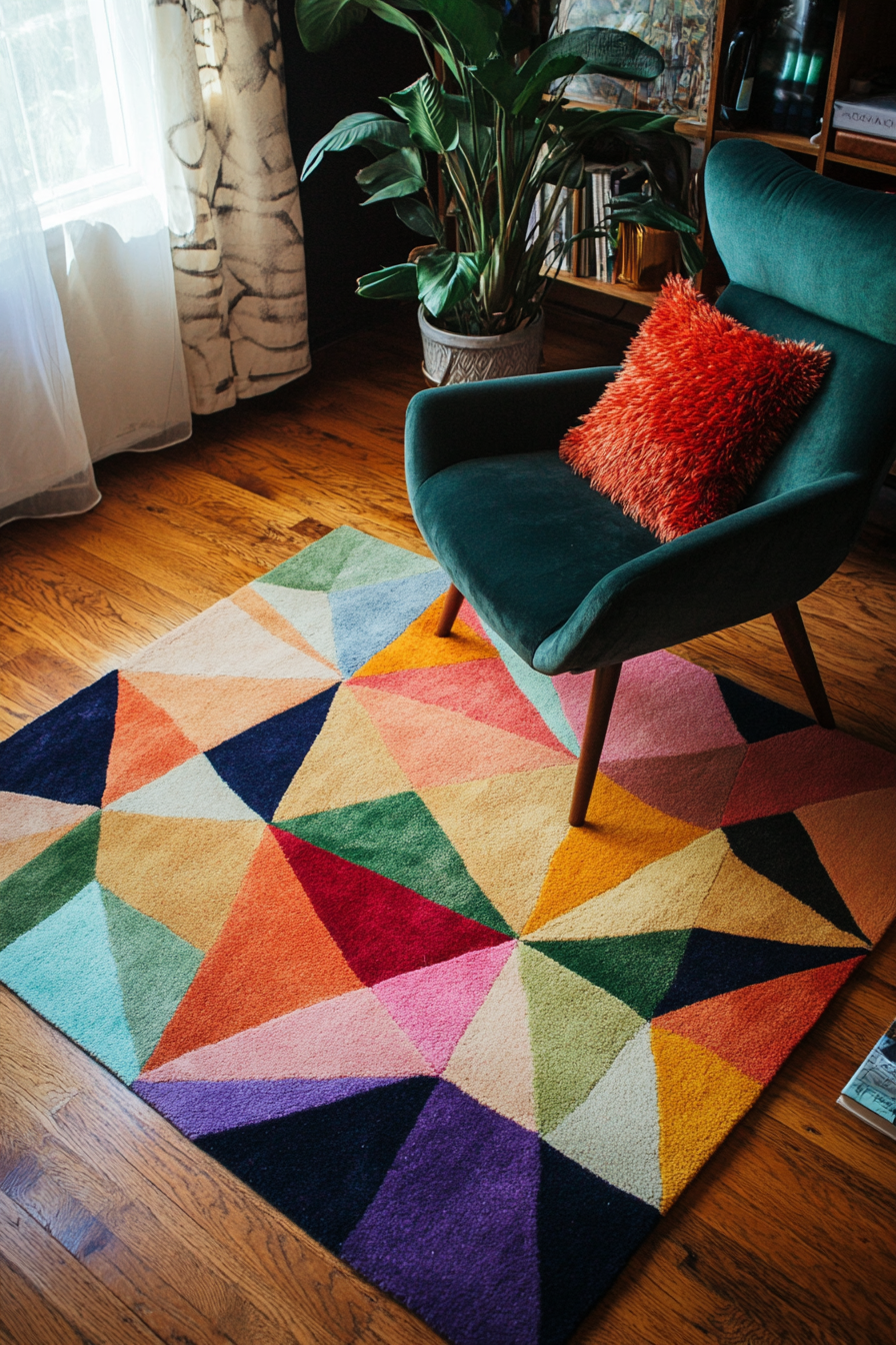 Tiny home decor. Multi-colored geometric pattern rug.