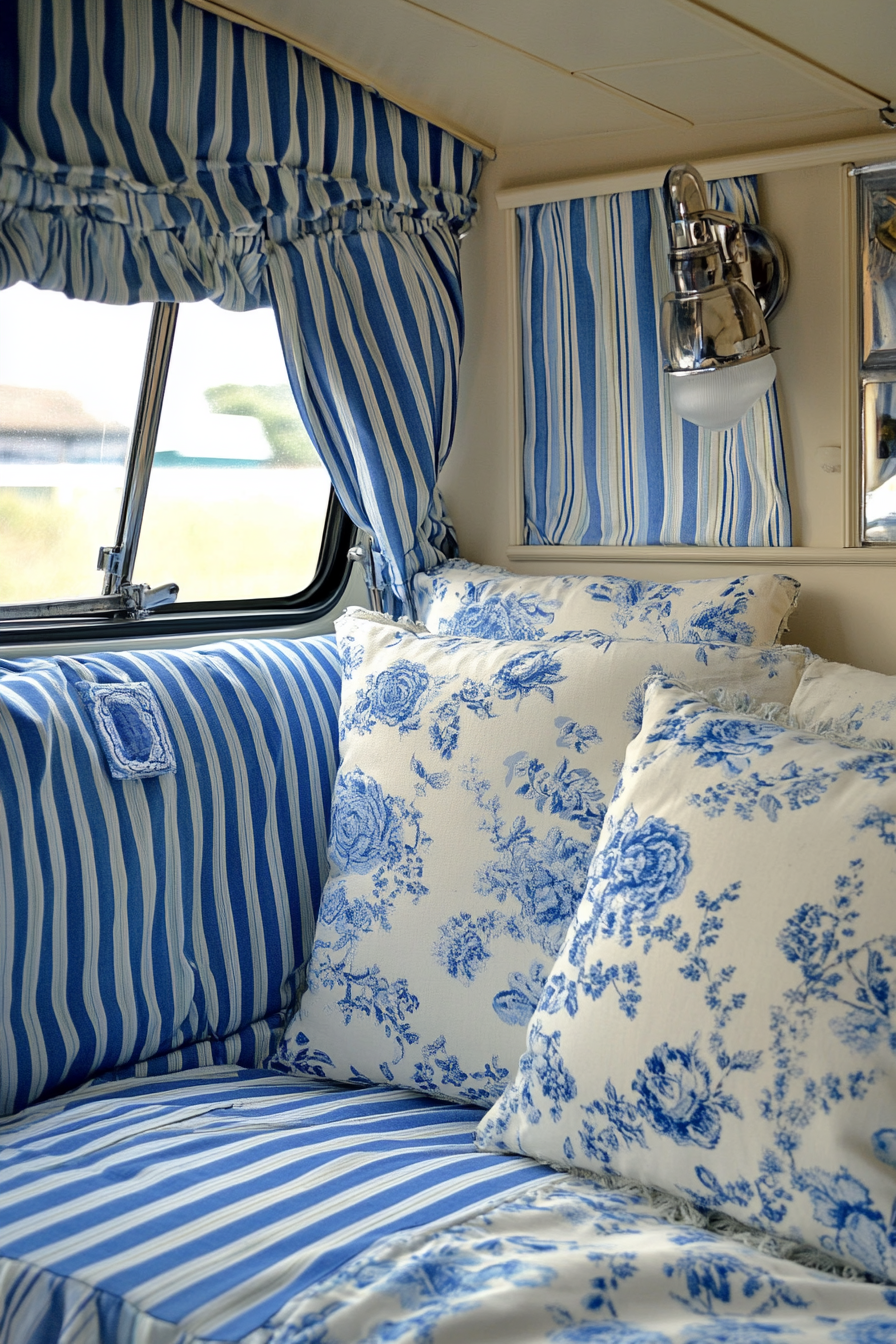 Seaside-inspired camper design. Chintz fabric details and blue-nautical stripes.