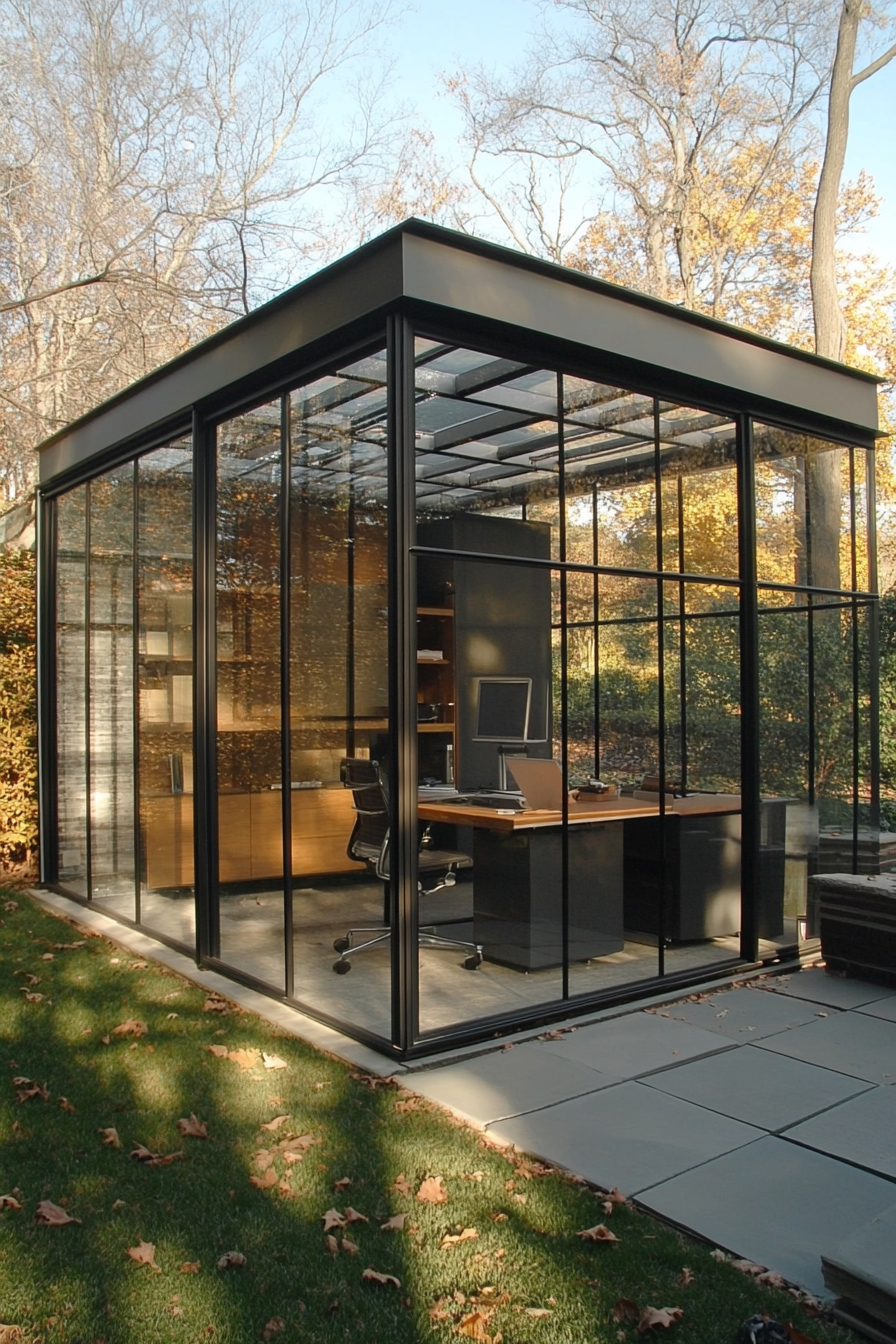 Sleek mobile office. Glass walls with metal framing.