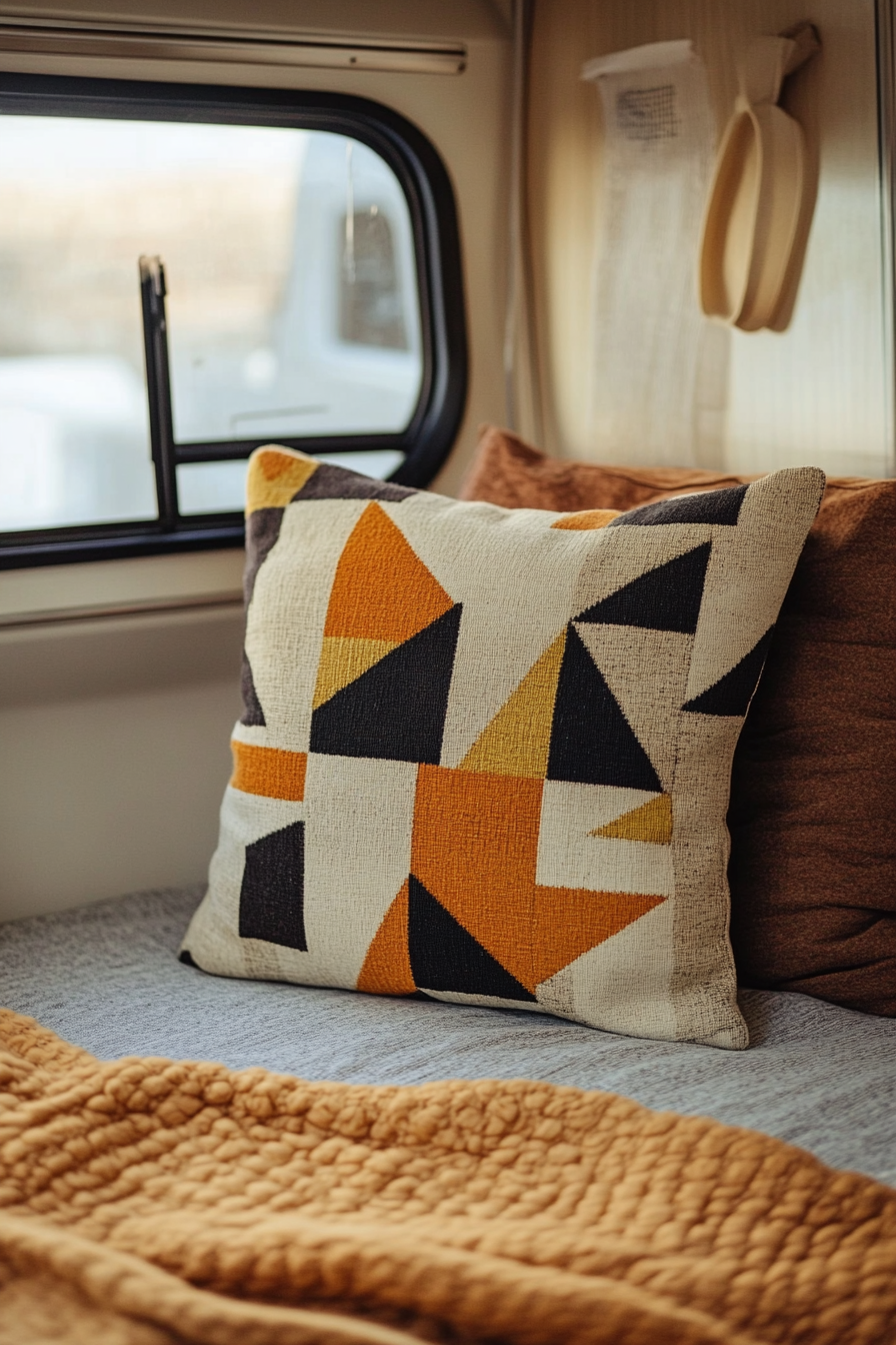 Fall RV decor. Geometric pattern Bauhaus style pillow in earth tones.