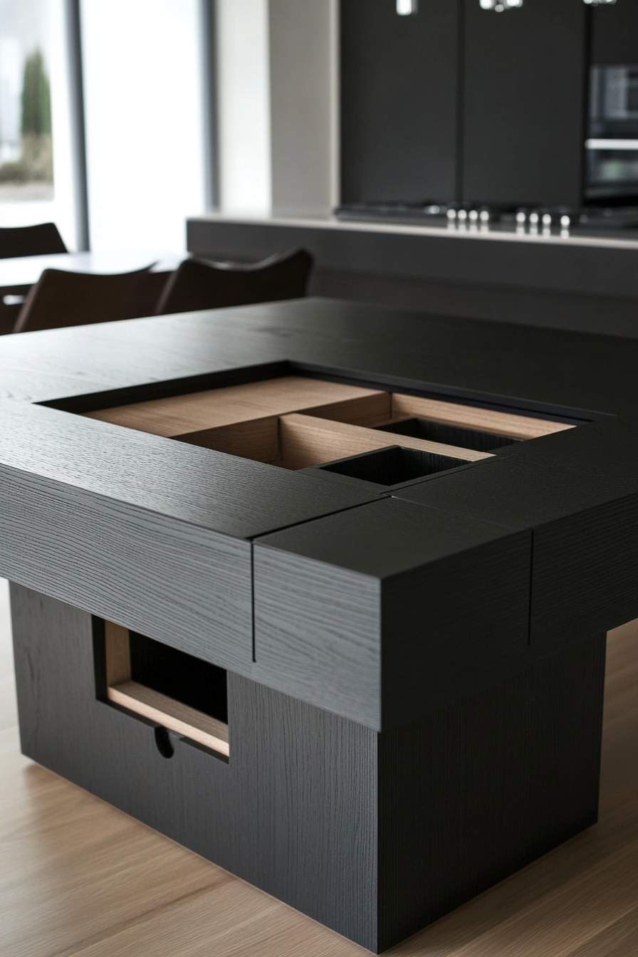 Hidden compartment dining table. A black square design that converts into a rectangle.