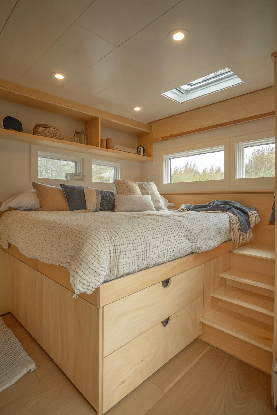 Minimalist tiny house bedroom. Wall-mounted, light wood nightstands, platform storage bed.