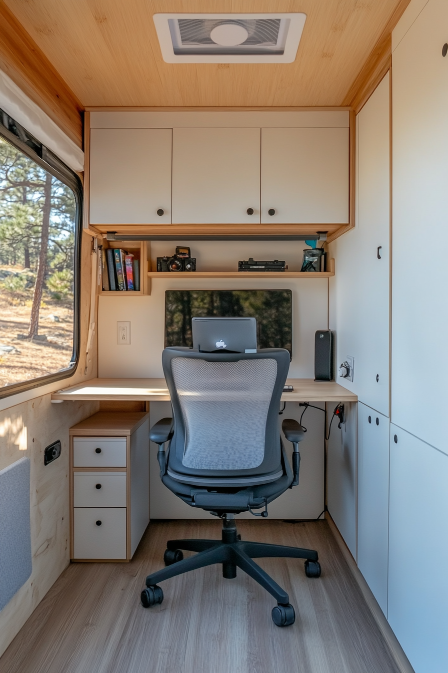 Remote work camper interior. Mesh chair at plywood desk with white overhead cabinets.