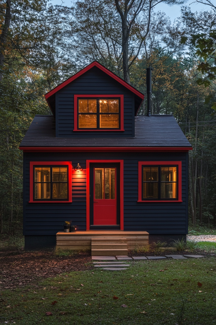 Tiny home facade trim design. Bright red trimming against fade-resistant navy blue clapboard.