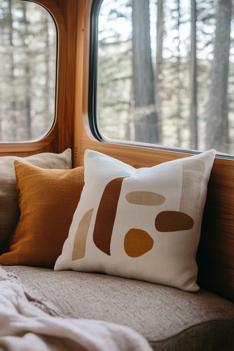 Fall RV decor. Bauhaus-style geometric patterned throw pillows in earth tones.