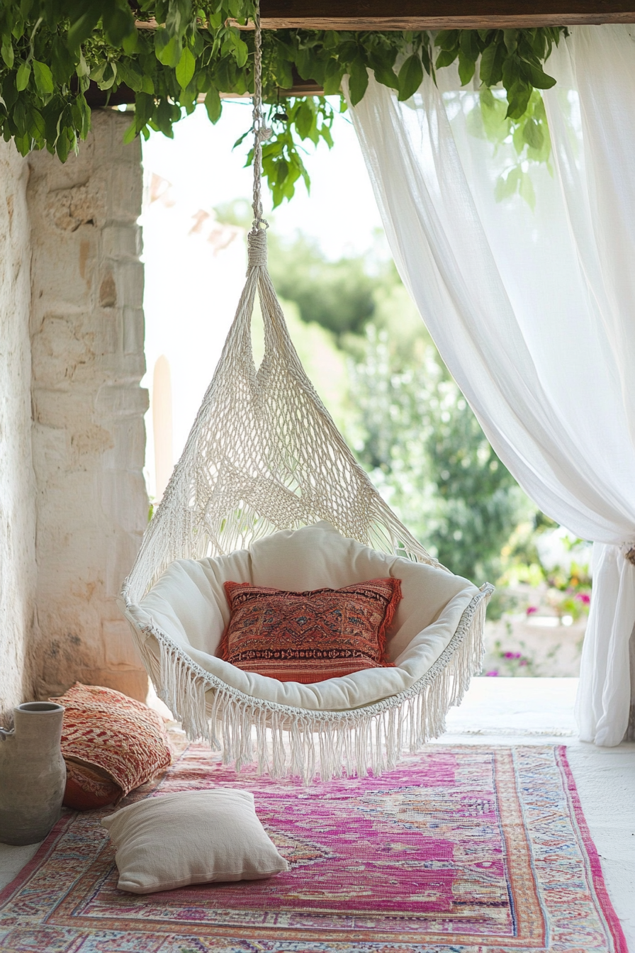 Bohemian patio. White macramé hanging chair, bright canopy and pink layered kilim rugs.