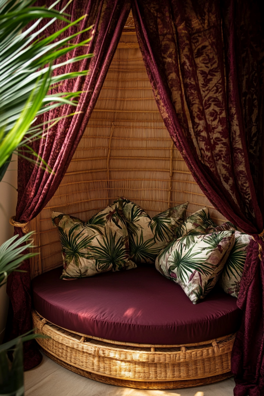 Sleeping nook. Mosquito net drapes, burgundy color, surround a rattan daybed with pillow-top palm leaf cushions.