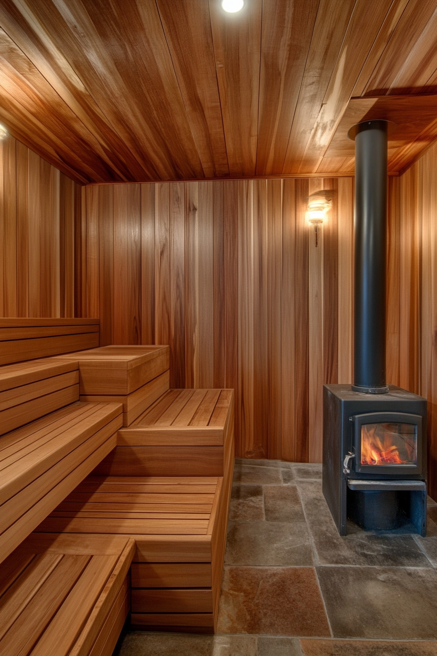 Sauna room design. Wood-burning stove, cedar tiered benches, dim light.