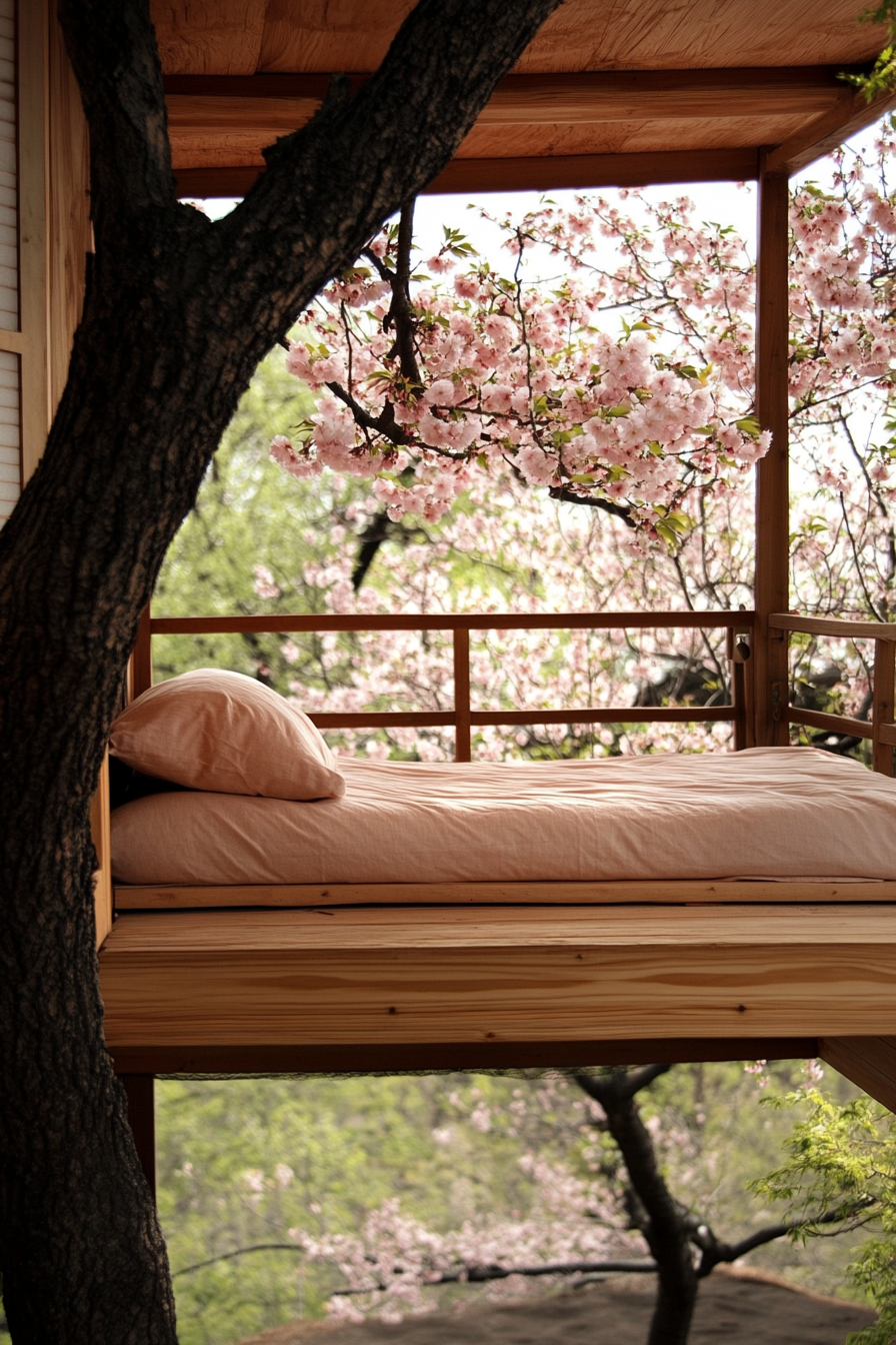 Elevated platform Zen camp. Minimalistic decor with cherry blossoms and sliding Shoji screens.